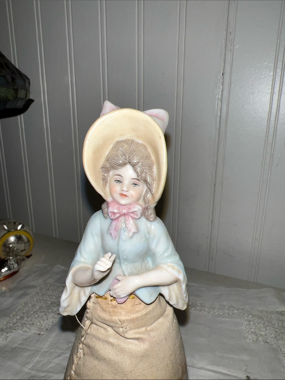 Antique Porcelain half doll pin cushion